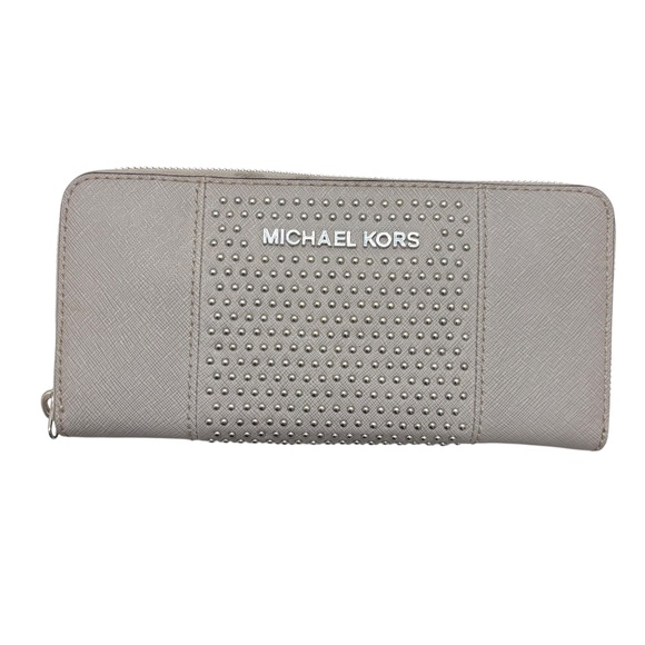 Michael kors gray saffiano leather silver studded zipper clutch wallet new - Picture 1 of 8